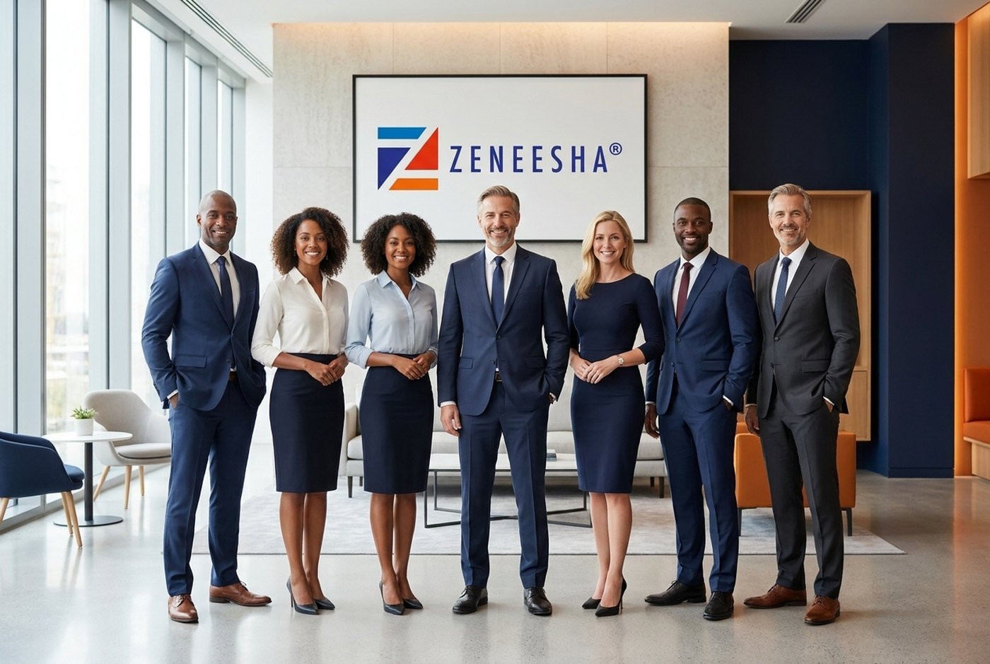 The Zeneesha leadership team in a modern branded office