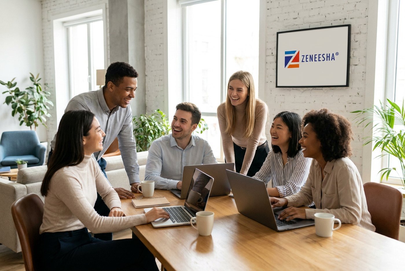 The Zeneesha team collaborating in the office