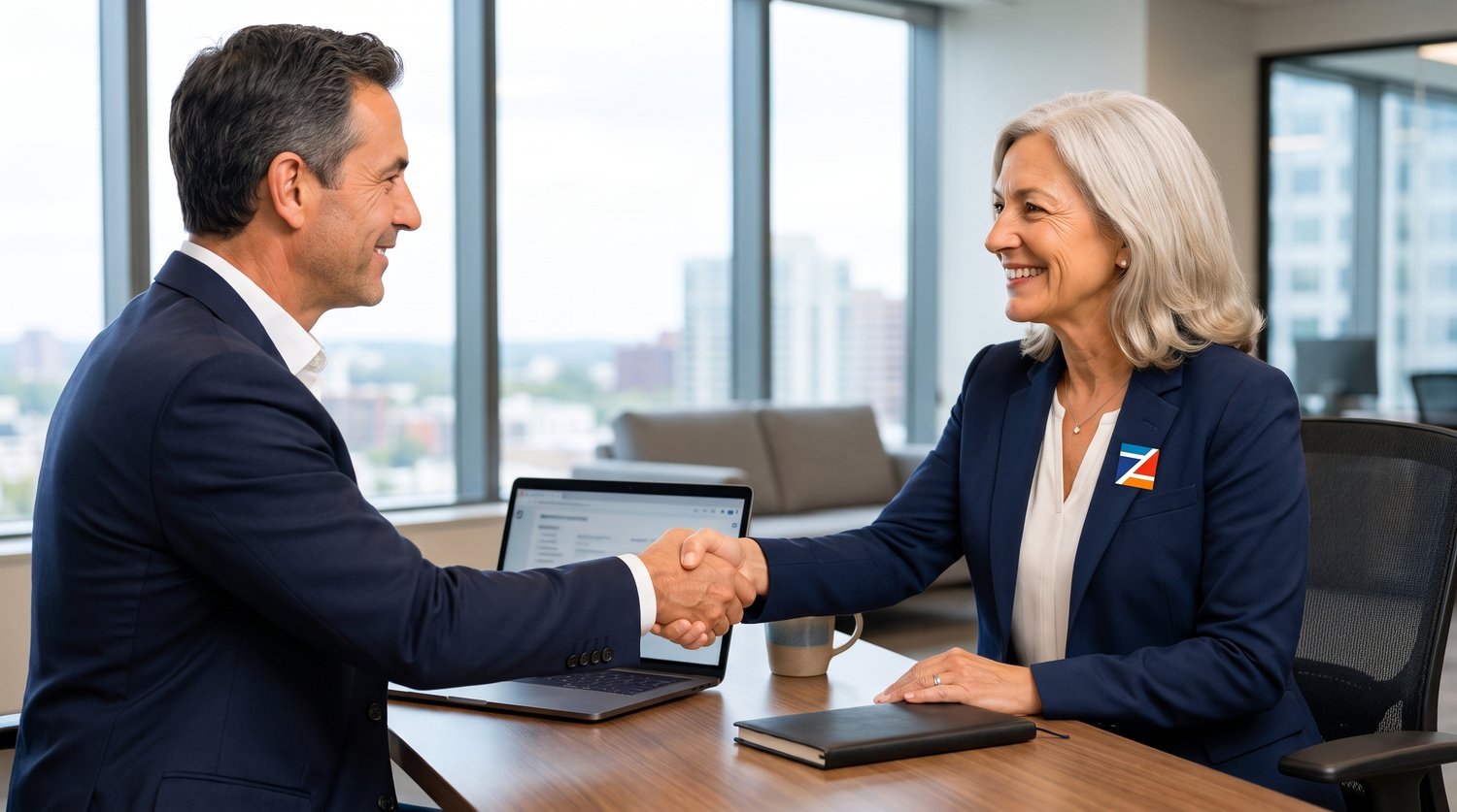 Two business leaders shaking hands on a Zeneesha partnership